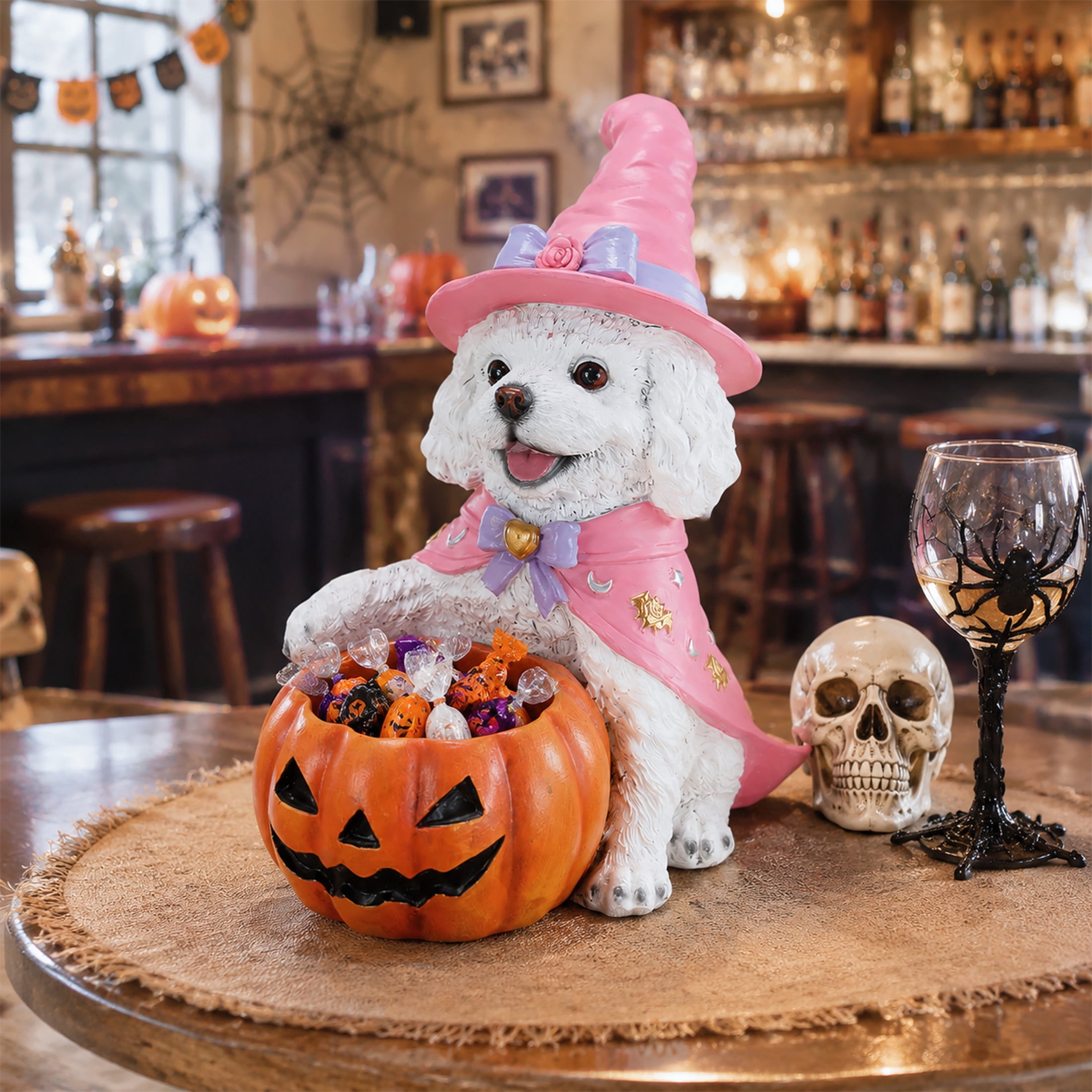 Noble House Halloween Teddy Dog Witch Puppy Figurine with Pumpkin Candy Bowl, Decorative Statue, White