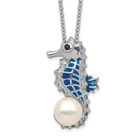 Auriga Fine Jewelry 925 Sterling Silver Rh-plated Enameled FWC Pearl and CZ Seahorse Necklace for Women 18"