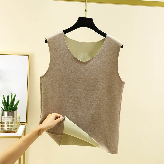Ropa interior térmica para mujer, blusa de poliéster de color liso de terciopelo de doble cara, cálida, sin costuras, con cuello en V, talla grande