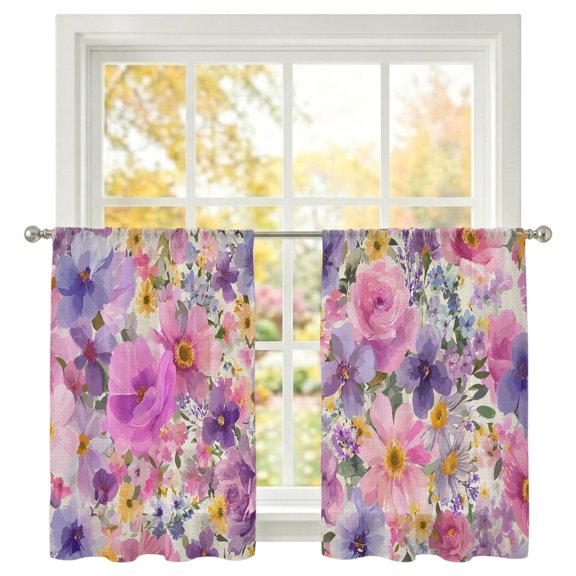 Flowers Sheer Curtains 45 Inch Long 2 Panels Spring Watercolor Pink Purple Floral Linen Texture Light Filtering Rod Pocket Curtains, Sheer Voile Drapes for Living Room Bedroom 52"x45"