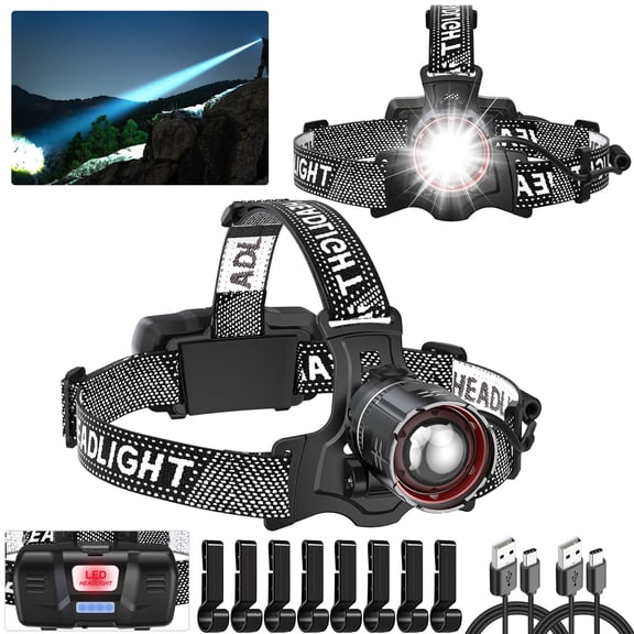 Headlamp Rechargeable Super Bright 2 Pack, High Lumen LED Head Lamp with Motion Sensor, 5 Modes, Zoomable Head Light for Forehead, 90° Adjustable, Waterproof Headlamps for Adults Hard Hat Camping