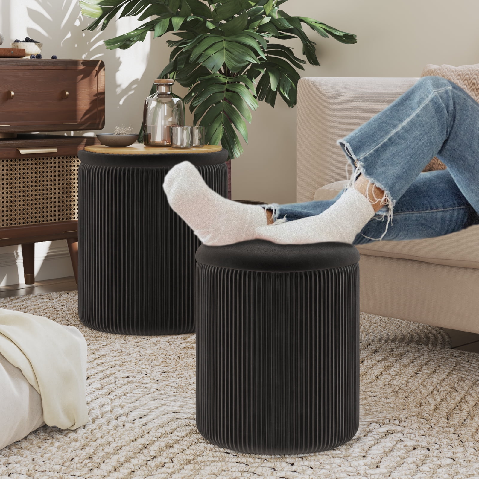 Waleaf Round Ottoman Foot Stool with Storage Set of 2, Upholstered Velvet Vanity Stool for Living Room & Bedroom, Black