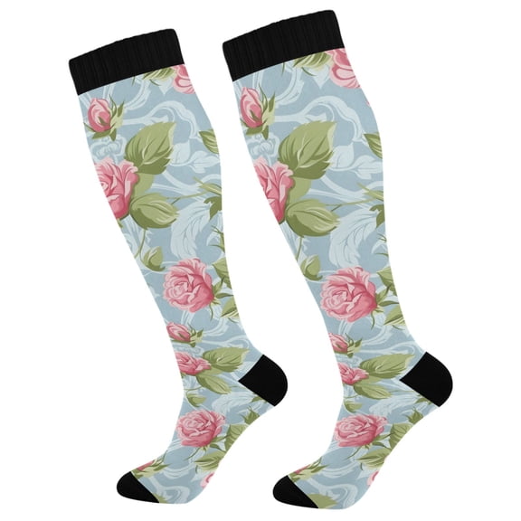 Haosy Compression Socks for Men Women Knee High Running Socks for Nurse Hiking Recovery Travel Athletic 2 Pairs Rose and Leaves