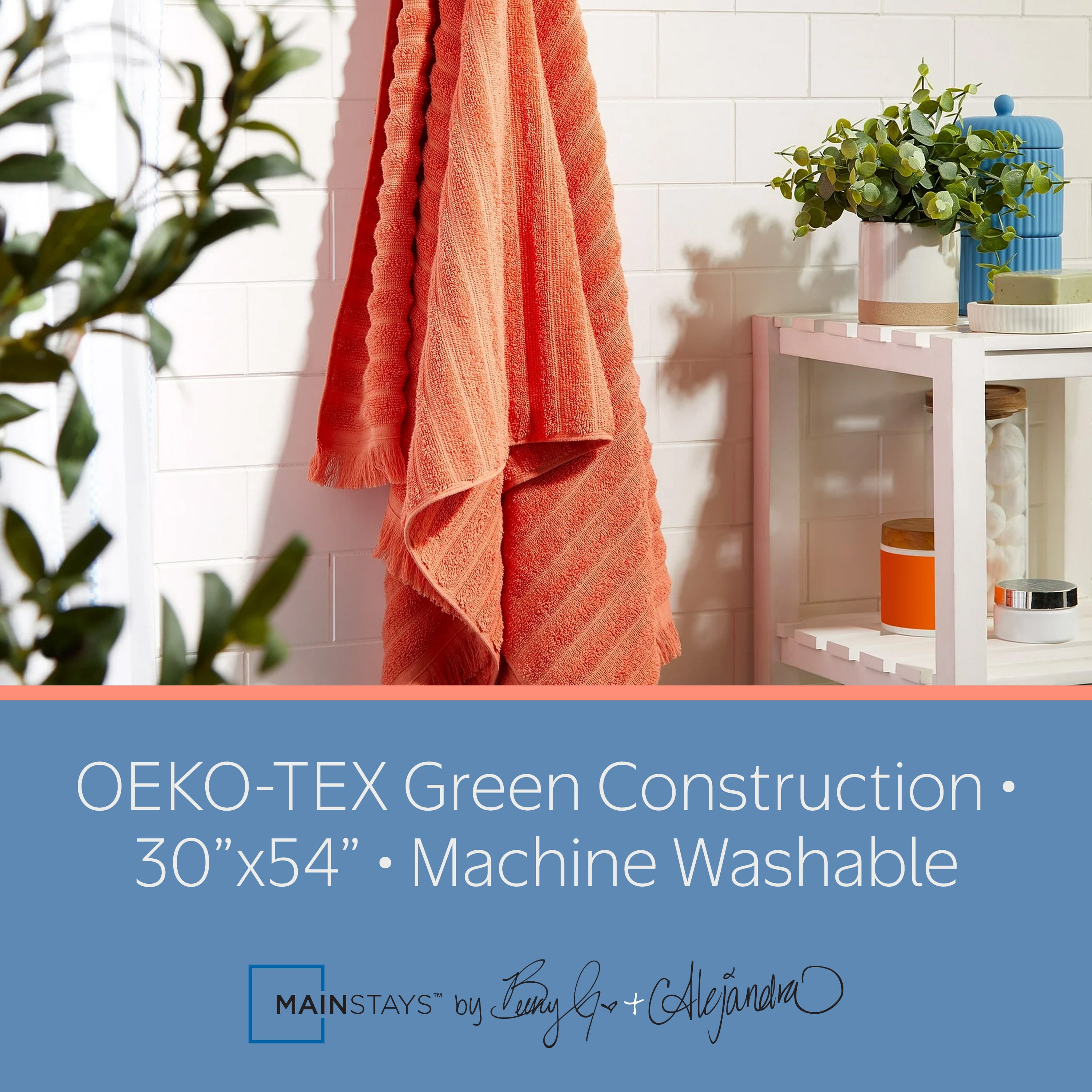 Mainstays by Becky G. & Alejandra 100% Cotton Performance Textured Bath Towel with Fringe, Mandarin Orange