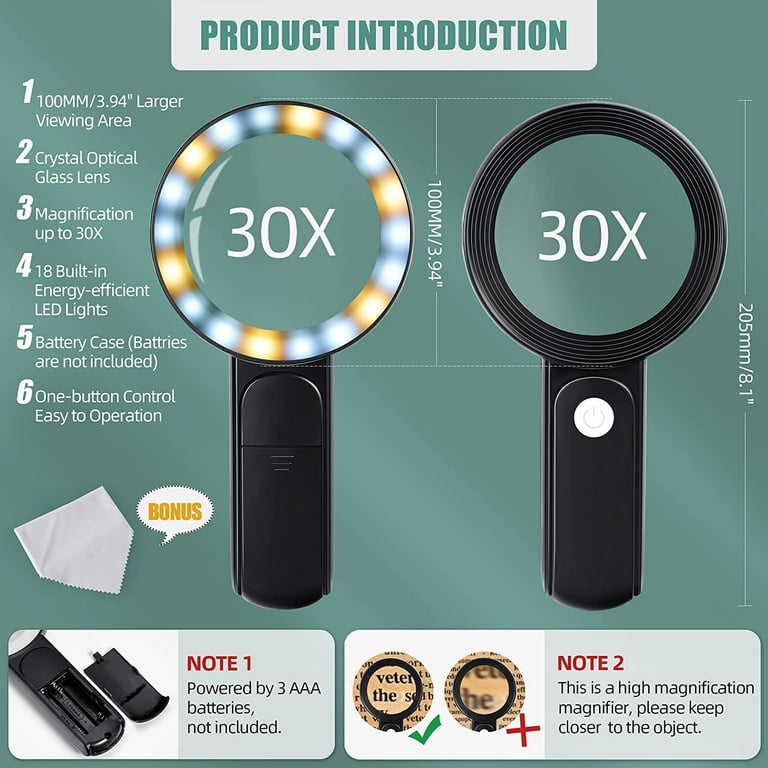 Magnifying Glass with 18 LED Light, Meromore 30x Handheld Magnifier for  Reading 