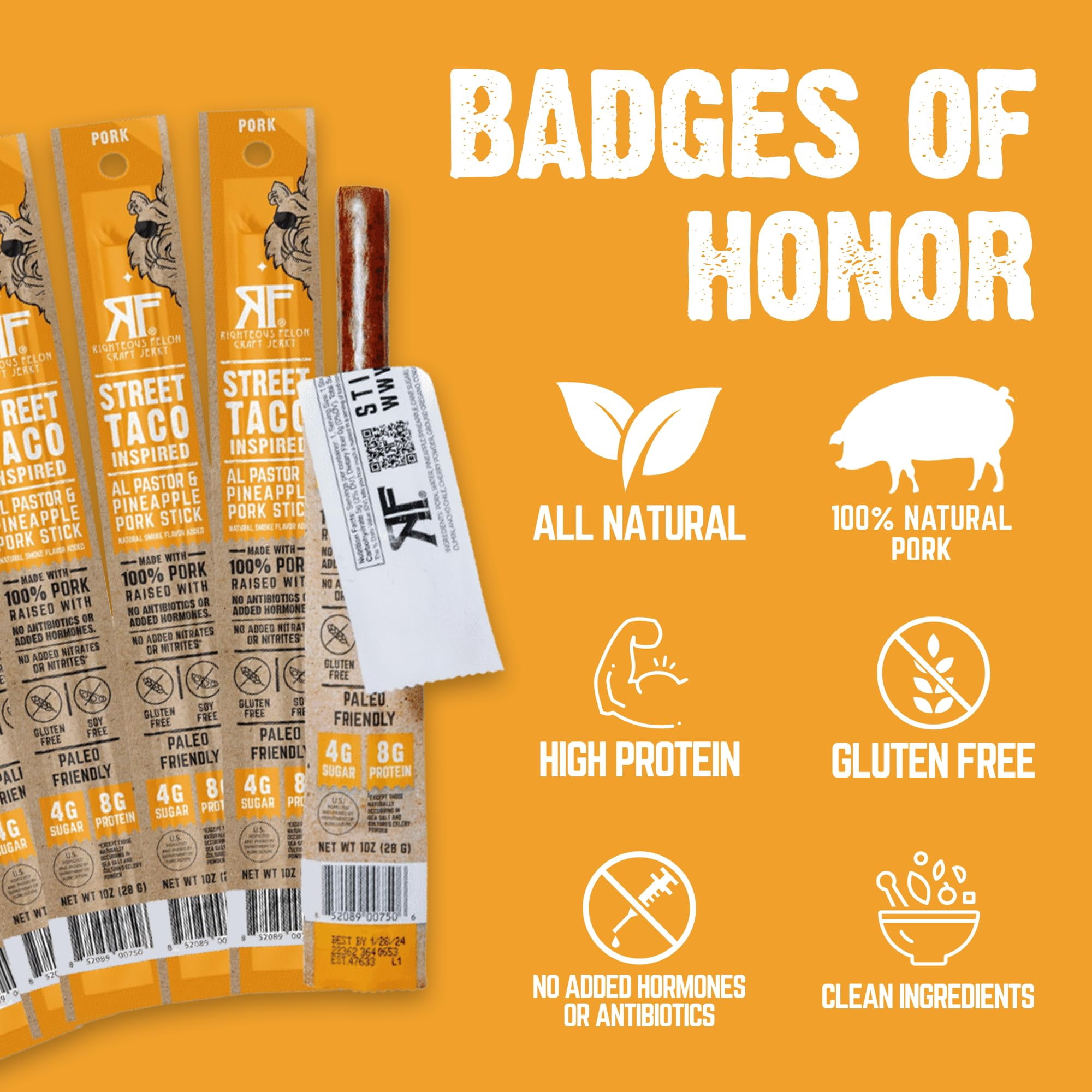 Righteous Felon Mini Pork Sticks, Healthy High Protein Kids Snack, Low Sugar, Street Taco, 24 Ct