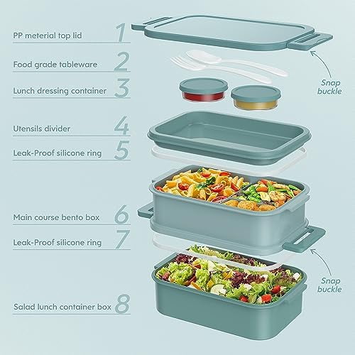 Bento Box Adult Lunch Box - 72oz Stackable Bento Lunch Box for Adults, 3 Layers All-in-One Large Bento Box Leak-Proof Lunchbox with Utensil Sauce Dressing Containers for Dining Out,Work, Green