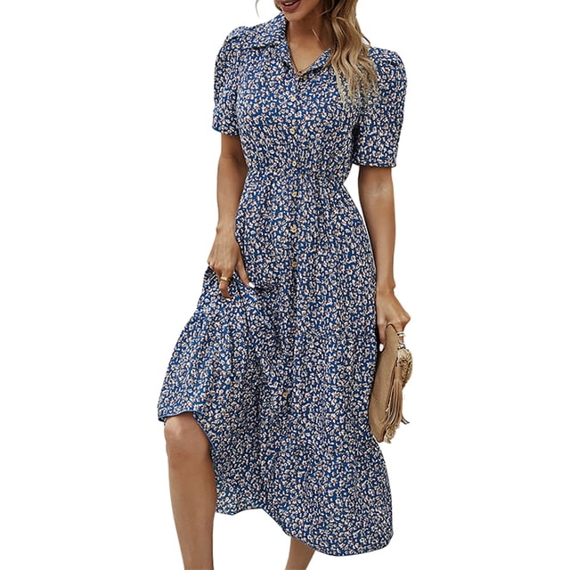 Txlixc Vestido de manga corta femenino con solapa impresa en flores Txlixc moda