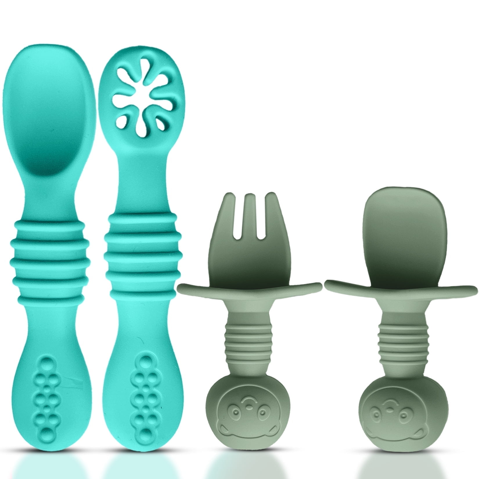 HippoBaby Silicone Baby Utensils Set, Self-Feeding Spoons & Fork, for 6-12 Months, 4 Count Blue/Green