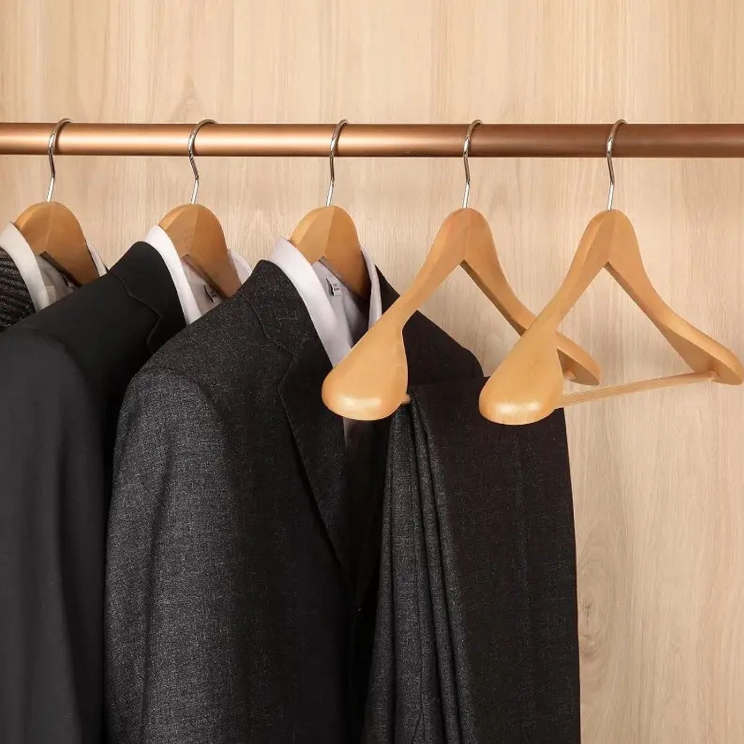 BagDream 8 Pack Wide Shoulder Wooden Hangers Coat Hangers with Non Slip Pants Bar, Solid Wood Jacket Clothes Hangers Smooth Finish for Sweater, Pants, Heavy Clothes, Natural