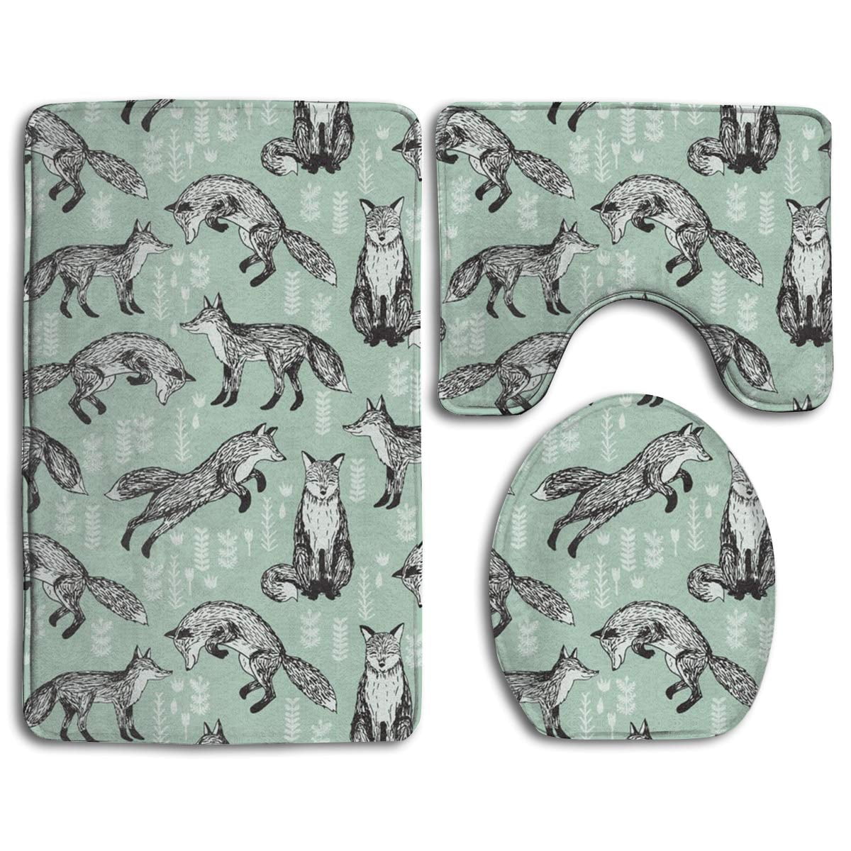 GOHAO Fox Mint Green Woodland 3 Piece Bathroom Rugs Set Bath Rug