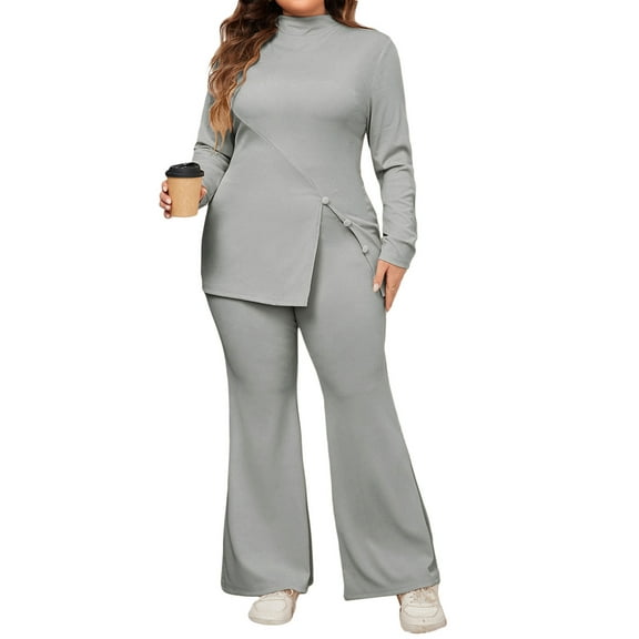 Michellecmm Women Plus Size Outfits Split Long Sleeves Tops and Flare Pants