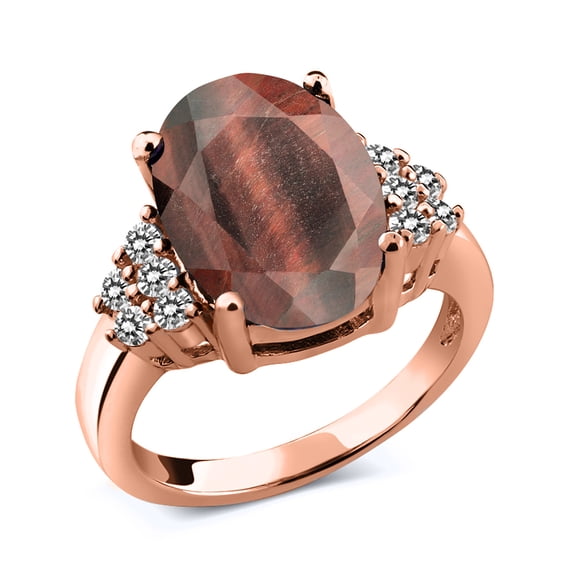 Gem Stone King 4.33 Ct Oval Red Tiger Eye White Diamond 18K Rose Gold Plated Silver Ring (Size 6)