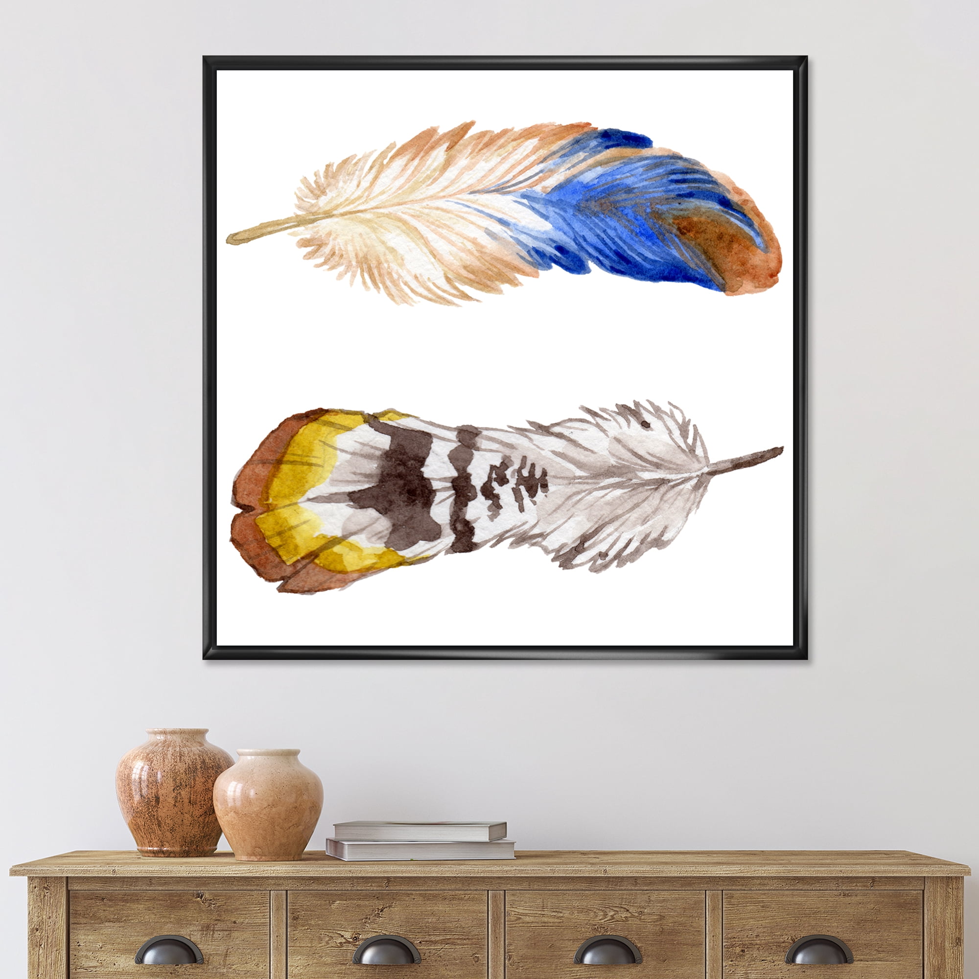 Designart 'Colourful Boho Art Feather Set III' Bohemian & Eclectic Framed Canvas Wall Art Print