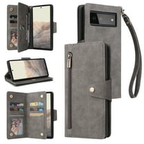 Feishell for Google Pixel 6 Wallet Case with Wrist Strap,Premium PU Leather Zipper Pocket Magnetic Buckle Folio Flip ID Credit Card Slots Shockproof Kickstand Phone Case for Women Men,Gray