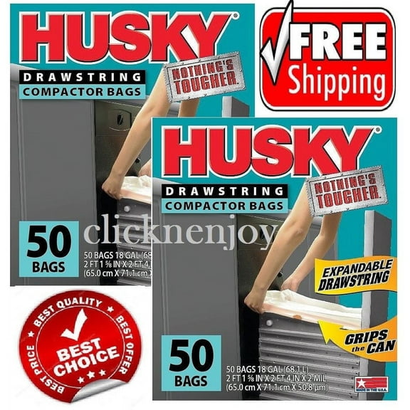 Pack of 2 Husky 18 Gal Exp Drawstring 50 Ct x 2 White Compactor Bag