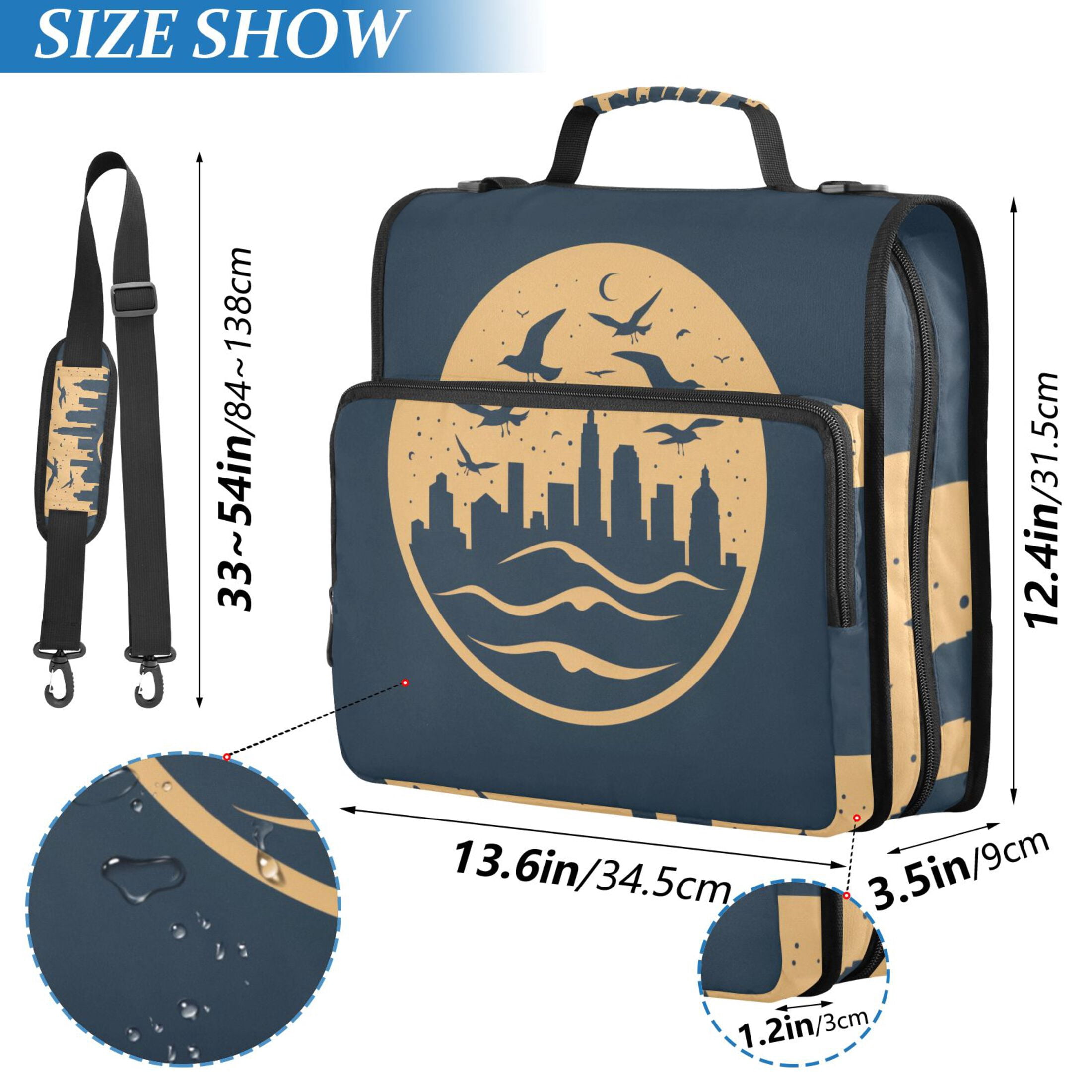 3 Ring Zipper Binder with Shoulder Strap Waterproof Trapper Keeper 2 Inch D-Ring 500 Sheets Capacity City Seagulls Moon Wave