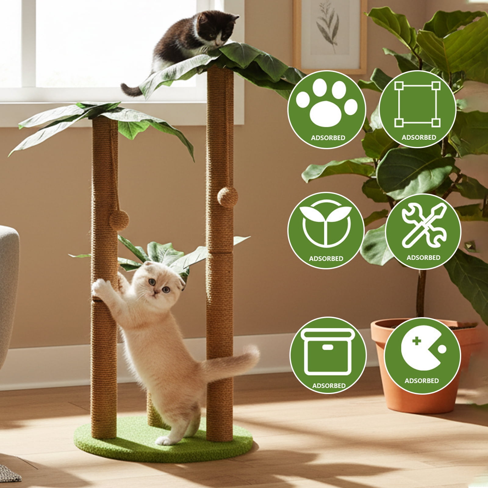 ManyFun  34" Cat Scratching Posts Sisal Cat Scratcher Green,with Interactive Balls for Indoor Cats, Extra Large