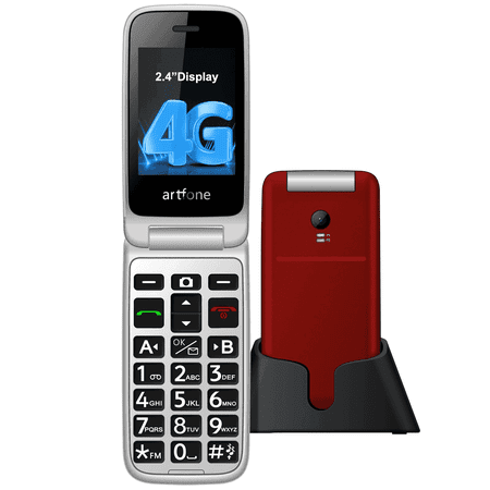 artfone G3, Flip Phone Unlocked for Seniors, 4G LTE Basic Phone, Seniors Flip Phone with Big Buttons, SOS Button, Speed Dial, Bluetooth, FM Radio, Charging Dock, Talking Clock, Dumb Phone, Red