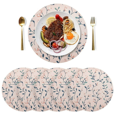 

Round Placemats Plate Mats 15 Inch Non-Slip Heat Resistant Washable PVC Set Table Decoration for Kitchen Dining Delicate Petals and Leaves