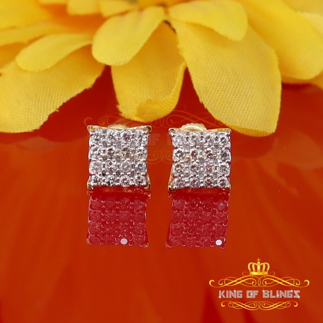 King of Bling's 10K Real Yellow Gold with 0.50 CT Diamond Square Stud Earring For Women And Men