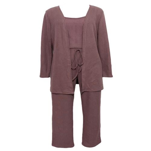 3-Piece Solid Pajama Set, Long Sleeve Robe + Cami Top + Lounge Pants,  Casual & Comfy Pajamas, Women's Sleepwear & Loungewear