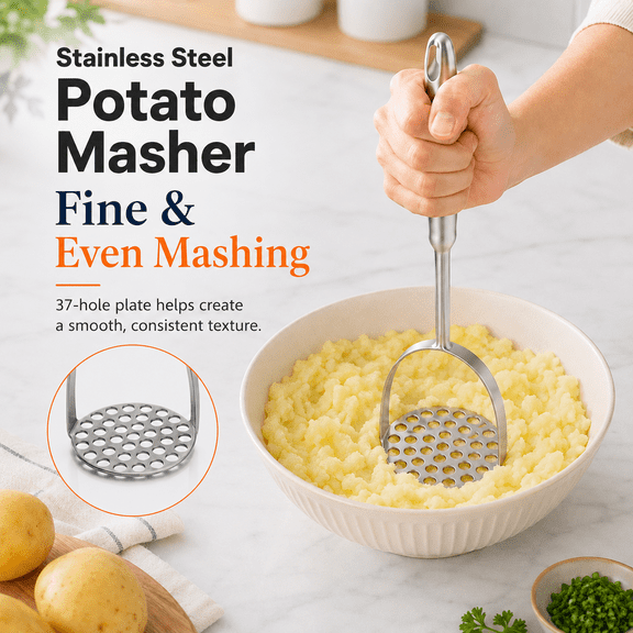 VALUNE Potato Masher, 304 Stainless Steel Dual Arc One-Piece Potato Press, Sturdy and Durable for Easy Labor-Saving Mashing, Dishwasher Safe for Potatoes and More