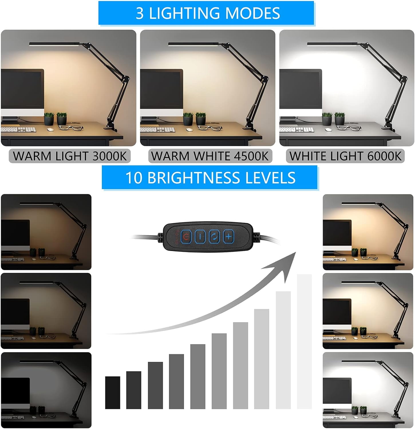 Jxr LED Desk Lamp, Swing arm Desk Light with clamp, 3 Lighting 10 Brightness Eye-Caring Modes, Reading Desk Lamps for Home Office 360 Degree Spin with USB Adapter & Memory Function
