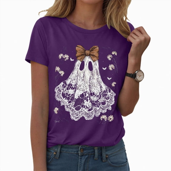 TOWED22 Halloween Shirts Woman Ghost Graphic Crewneck Short Sleeve Tee Shirt Short Sleeve Funny Tops Tshirts(Purple,XXL)