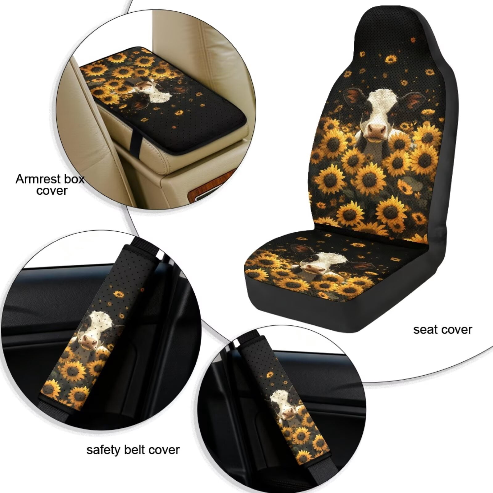 Xixirimido 5-Piece Car Seat Cover Set Breathable PU Leather Front Seat Covers with Seat Belt & Console Covers Universal Fit for SUV, Sedan, Truck, Black Cow Sunflower