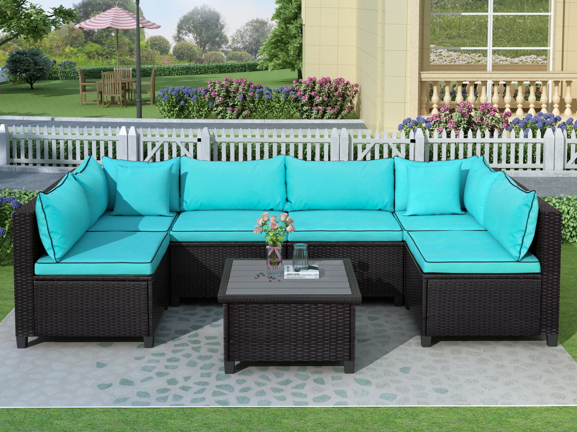 Outdoor Patio Sectional Sofa Set, 7 Piece Patio Furniture Set with 6 PE ...