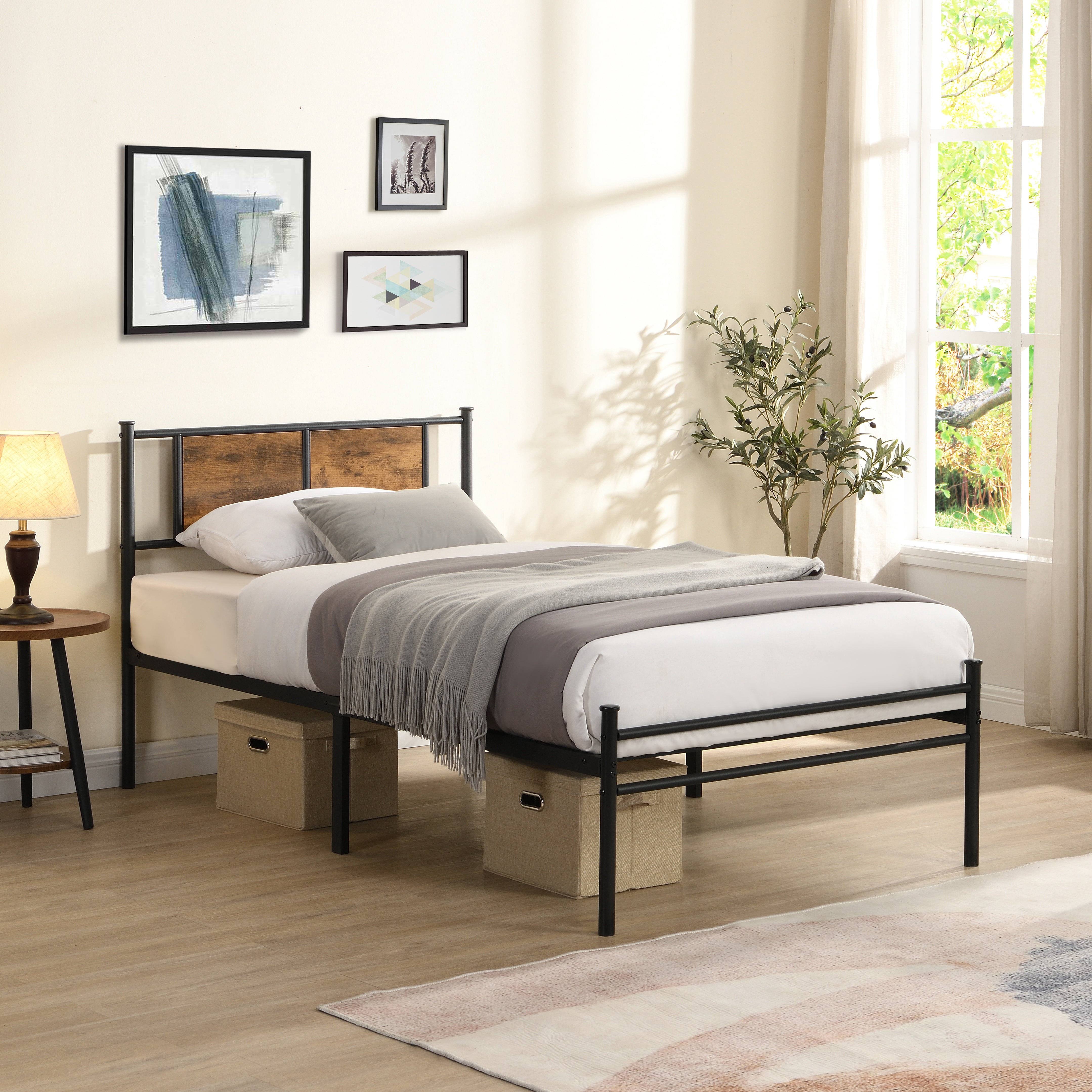 Bed Frame, Metal Bed Frame, Twin XL Size Bed&nbsp;Platform with Wood Panel Headboard, Sturdy Steel Slats, Under Bed Storage, Black+Brown, 82.68 Inch Length, No Box Spring Needed
