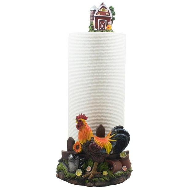 Country Rooster Paper Towel Holder Stand with Decorative Barn on Top in
