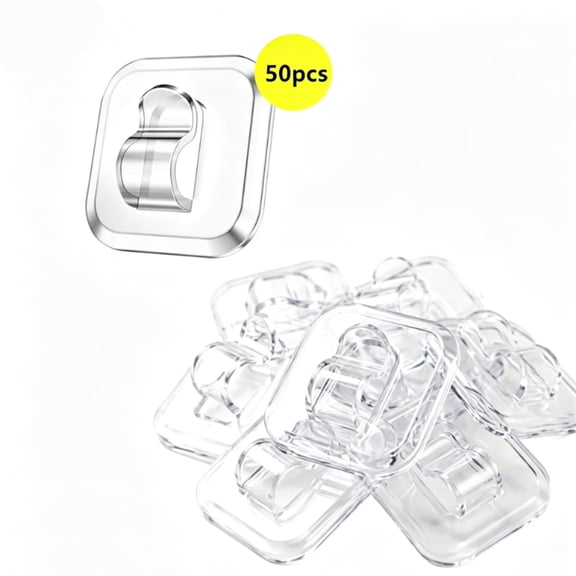 JOWNEEL 50 Mini Light Hooks with Adhesive Strips Indoor Clear Small String Clips Damage Free Plastic Wall Hook for Hanging Fairy Tiny Christmas Cable Hangers