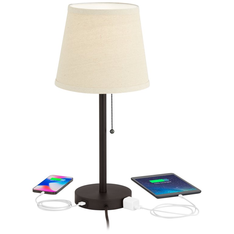 360 Lighting Heyburn Modern Table Lamps Set Of 2 - 20" High With USB & AC Outlet, Bronze & Oatmeal Shade