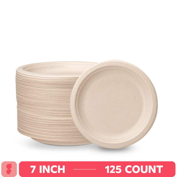 GUSTO 7 Inch 100% Compostable Paper Plates, Eco-Friendly Heavy Duty Disposable Dinnerware, 125 Count