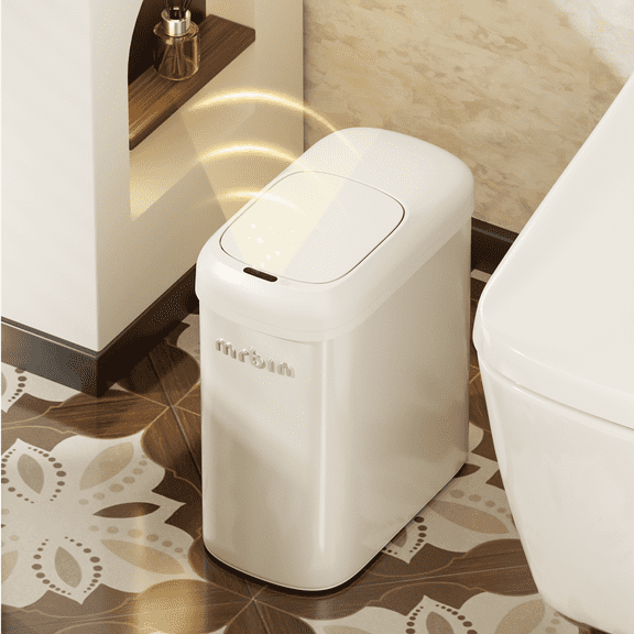 Motion Sensor Adsorption Bag Bathroom Metal Trash Can with Lid and Wheels, 10L/2.6gal Automatic Removable Slim Electric Narrow Waste Basket for Near Desk Office, Bedroom, Kitchen, Rv, White