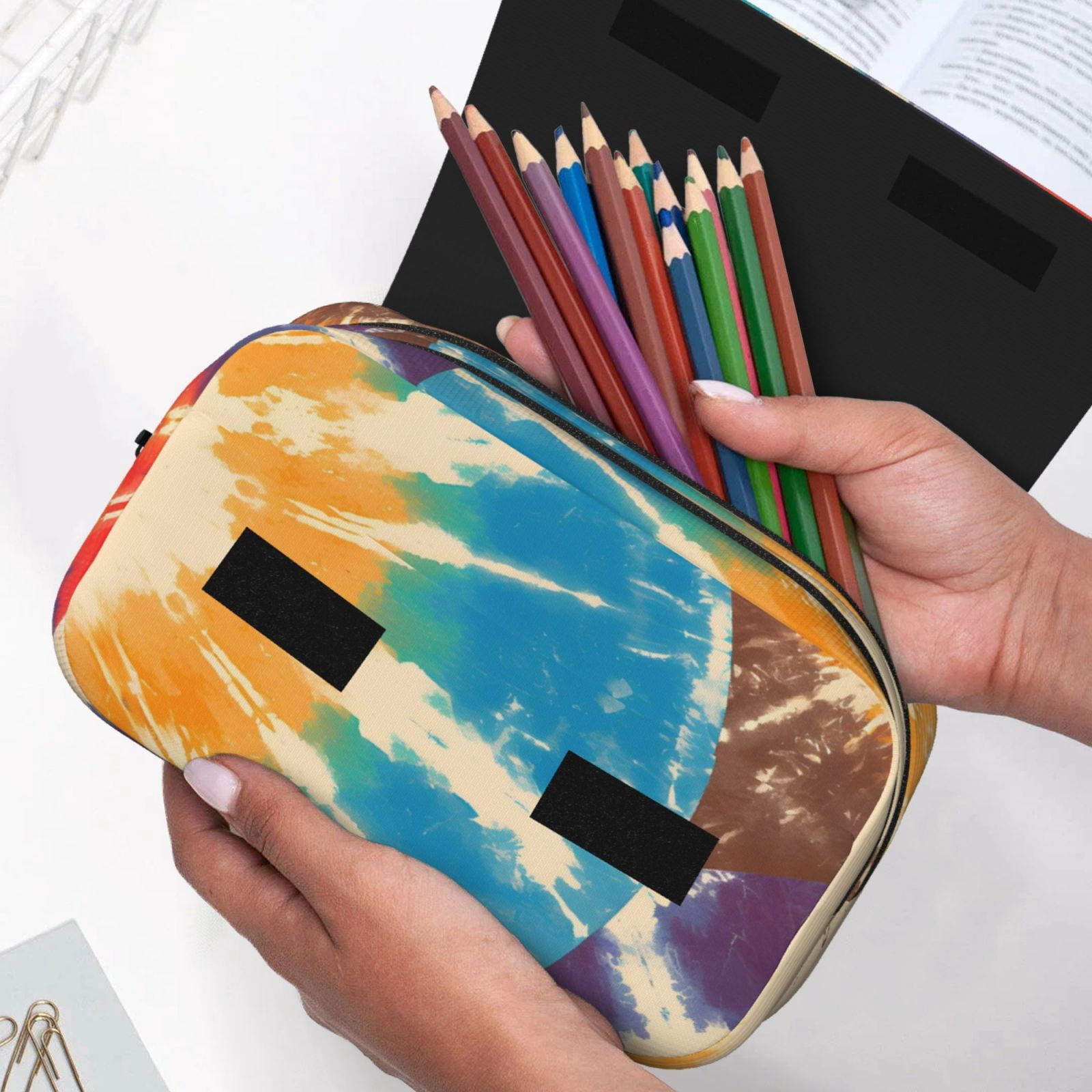 Large-Capacity Flip-Top Double-Layer Pencil Case, Multi-Functional Pocket Pen Case, Durable Stationery Organizer Brown Tie-Dye Background Rainbow Colors