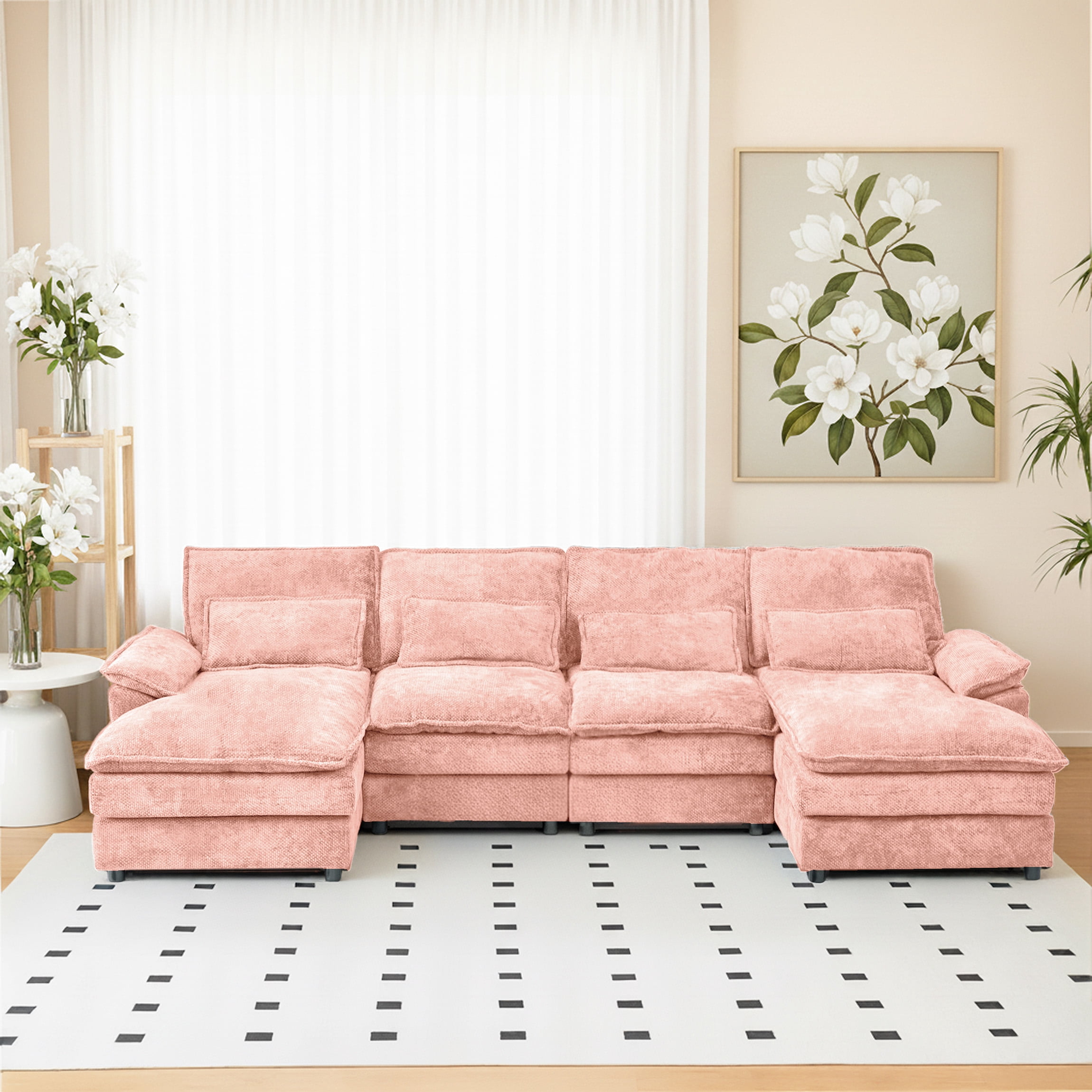 SEENYOO 110.24" U-Shaped Couch, Cloud Modular Sectional Sofa with Chenille Fabric, 4-Seat Comfy Couch for Living Room,Pink