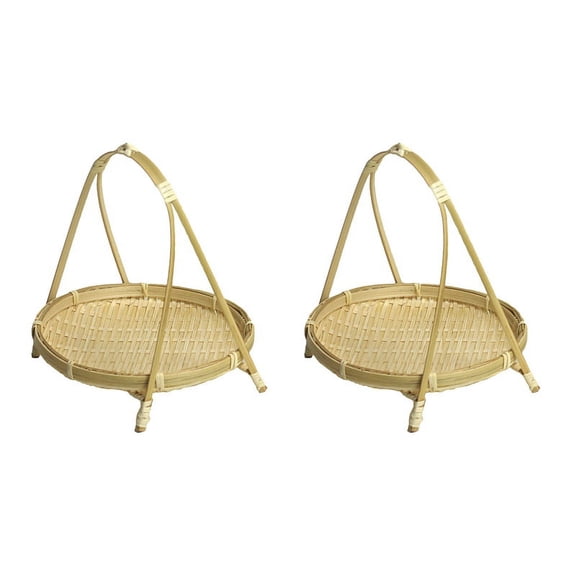 2X Bamboo Weaving Straw Baskets Tier Rack Wicker Fruit Bread Food Storage Kitchen Decorate Round Plate Stand