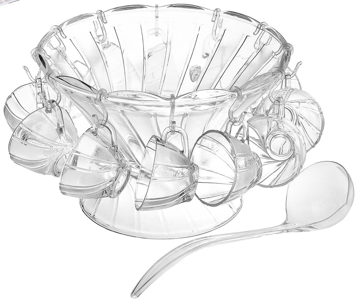 Glass Punch Bowl 27 Piece Set Large & Small Bowl, Juice Cups, Hooks and