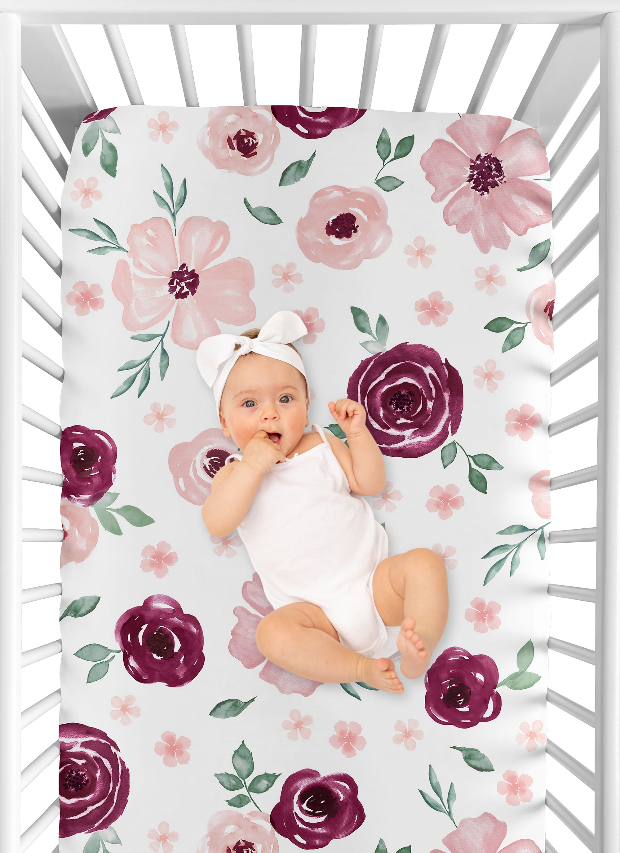Watercolor Floral Burgundy Wine and Pink Fitted Crib Sheet by Sweet Jojo Designs