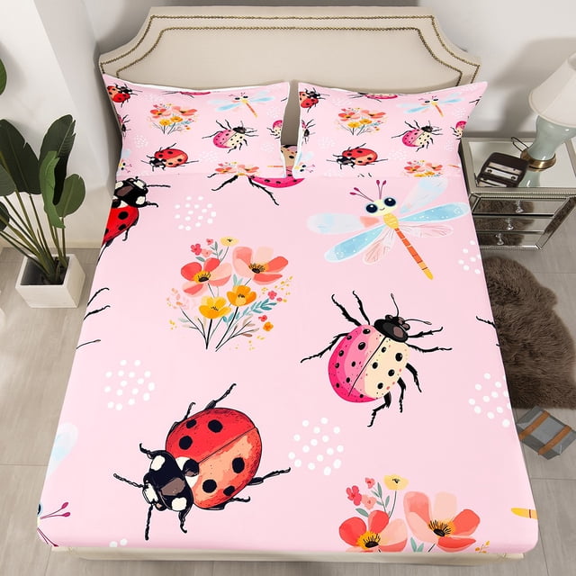 Erosebridal Drap-Housse Rose pour Filles Taille Simple, Draps de Lit Coccinelle Rouges Mignons pour Enfants et Ados, Draps à Imprimé Libellule Dessin Animé, Ensemble de Lit Fleurs Kawaii Esthétique (Sans Drap du Dessus)