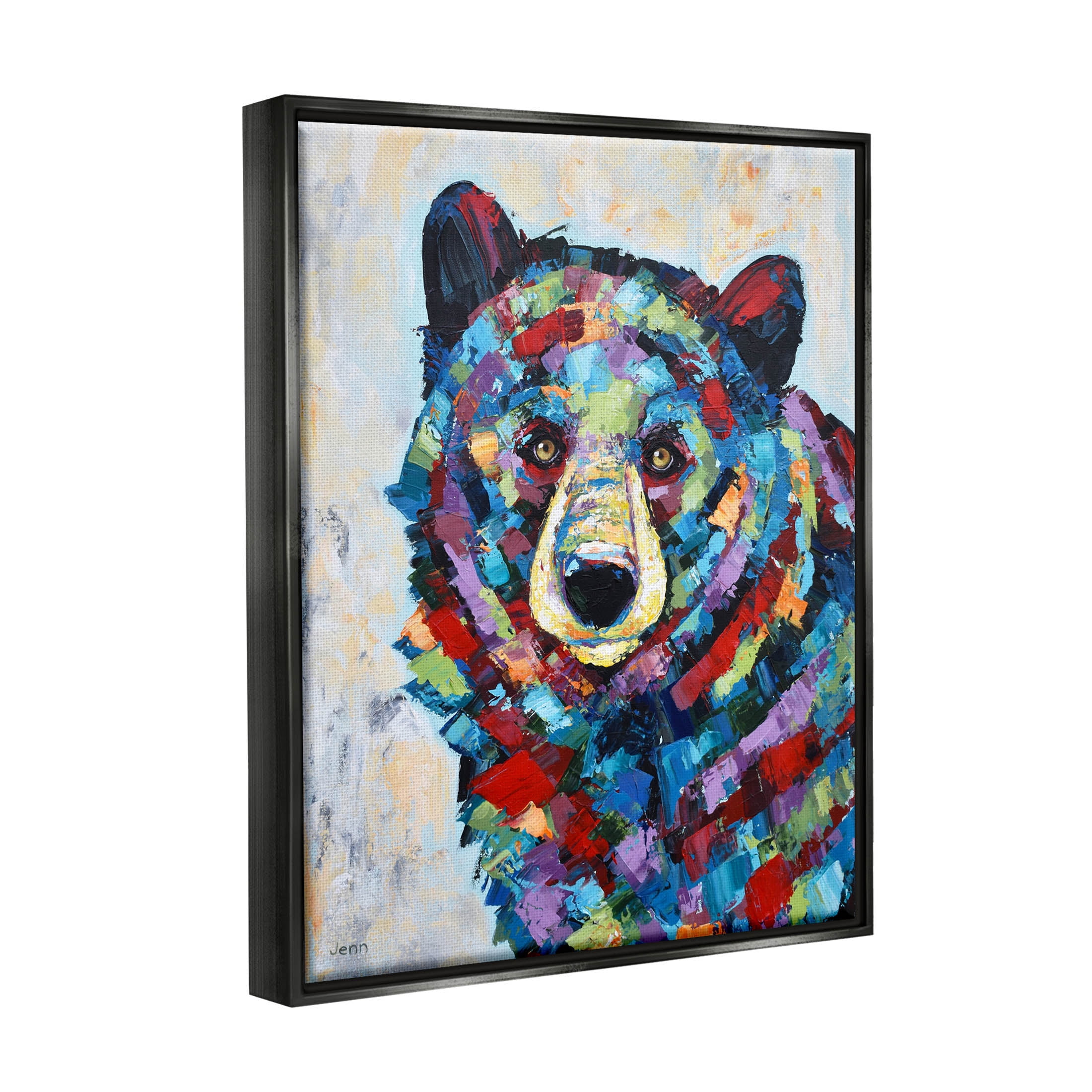 Geometric Hued Abstract Bear Animals & Insects Painting Jet Black Framed Art Print Wall Art