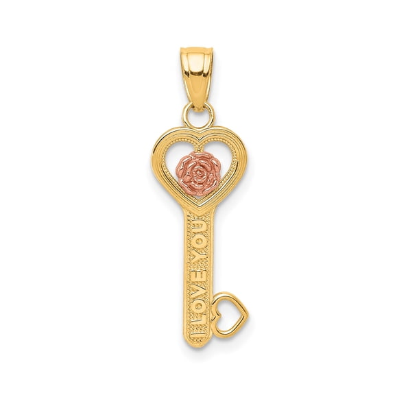 10k Two-Tone Gold Heart Key Pendant with Rose and I Love You Message, Jewelry Stores Network