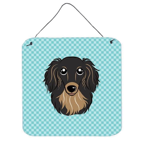 Checkerboard Blue Longhair Black & Tan Dachshund Aluminum Metal Wall Or Door Hanging Prints, 6 x 6 In.