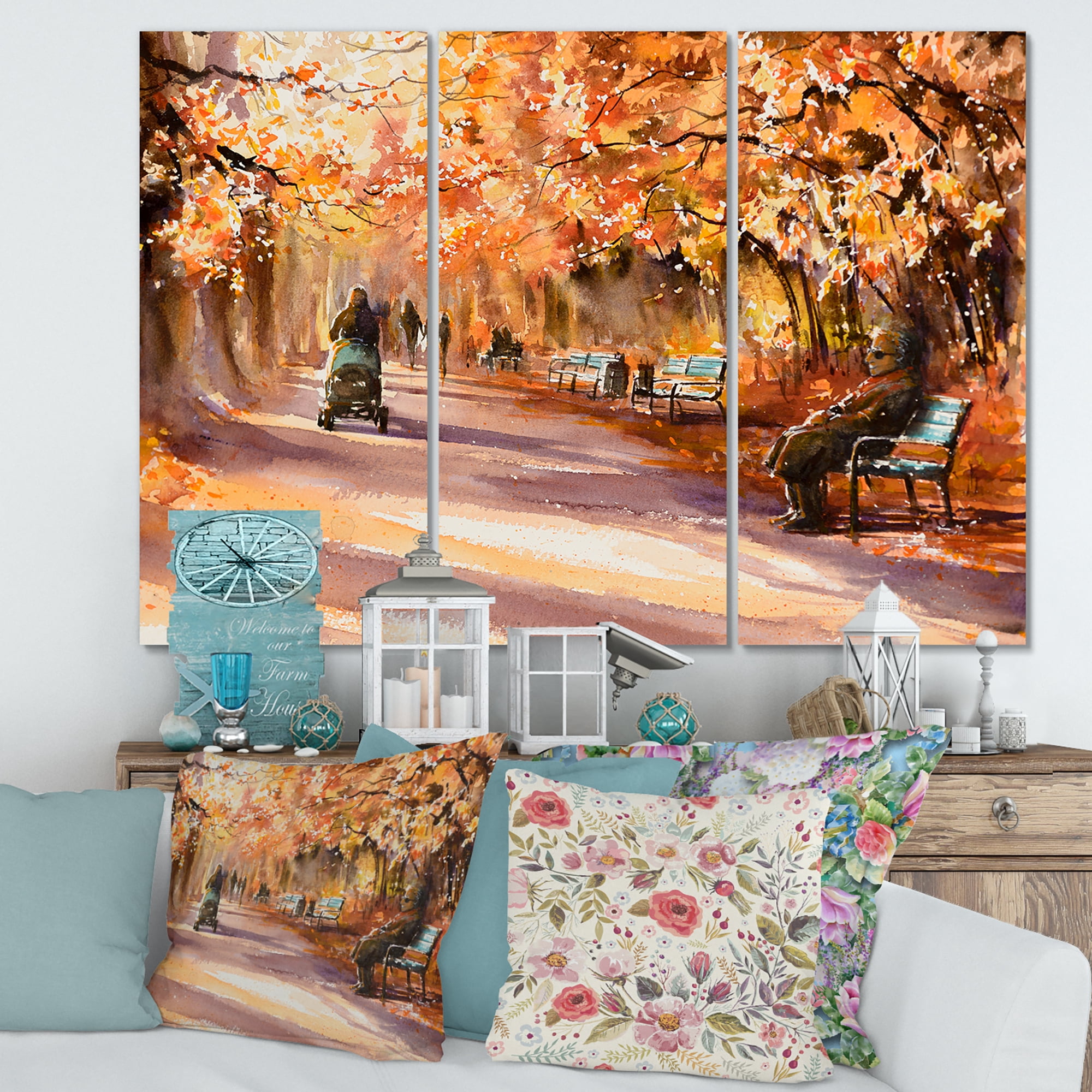 Designart ' Path In The Park In Sunny Autumn Day ' Country Canvas Wall Art Print
