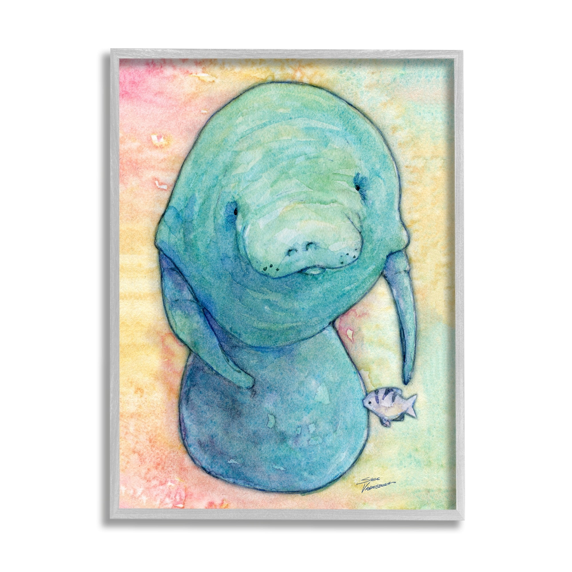 Stupell Industries Aquatic Manatee Among Fish Rainbow Watercolor Detail Painting Gray Framed Art Print Wall Art, Design by Steve Vanderbosh