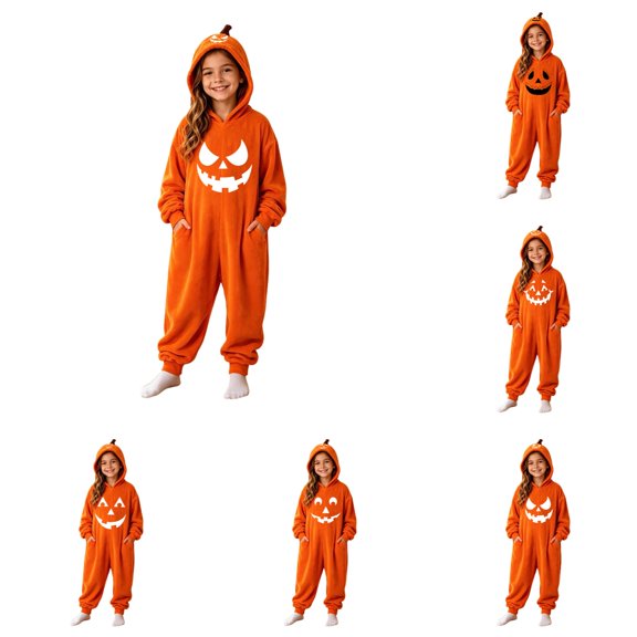 jiaxiM Children Onesie, Halloween Jumpsuit, Halloween Youth Loungewear, Pumpkin Print Hooded One Piece, Soft Plush Long Sleeve Sleepwear