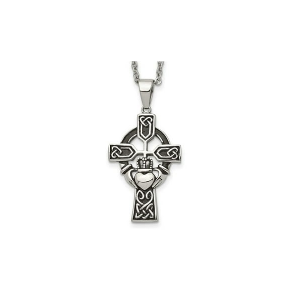 Stainless Steel Antiqued Claddagh Cross Pendant Necklace with Chain